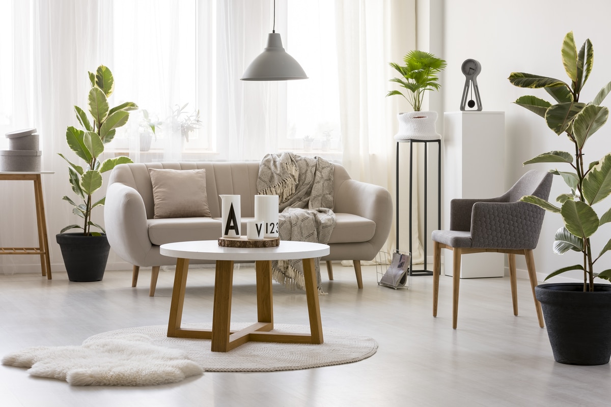 Canapé beige debout contre la fenêtre à l'intérieur du salon blanc avec fauteuil gris