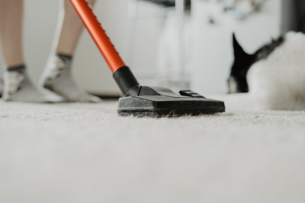 femme passant l'aspirateur sur le sol à la maison, aspirateur traineau sans fil