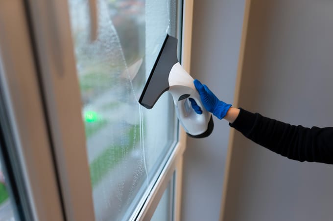 nettoyage des vitres avec aspirateur électrique. concept de fenêtres propres