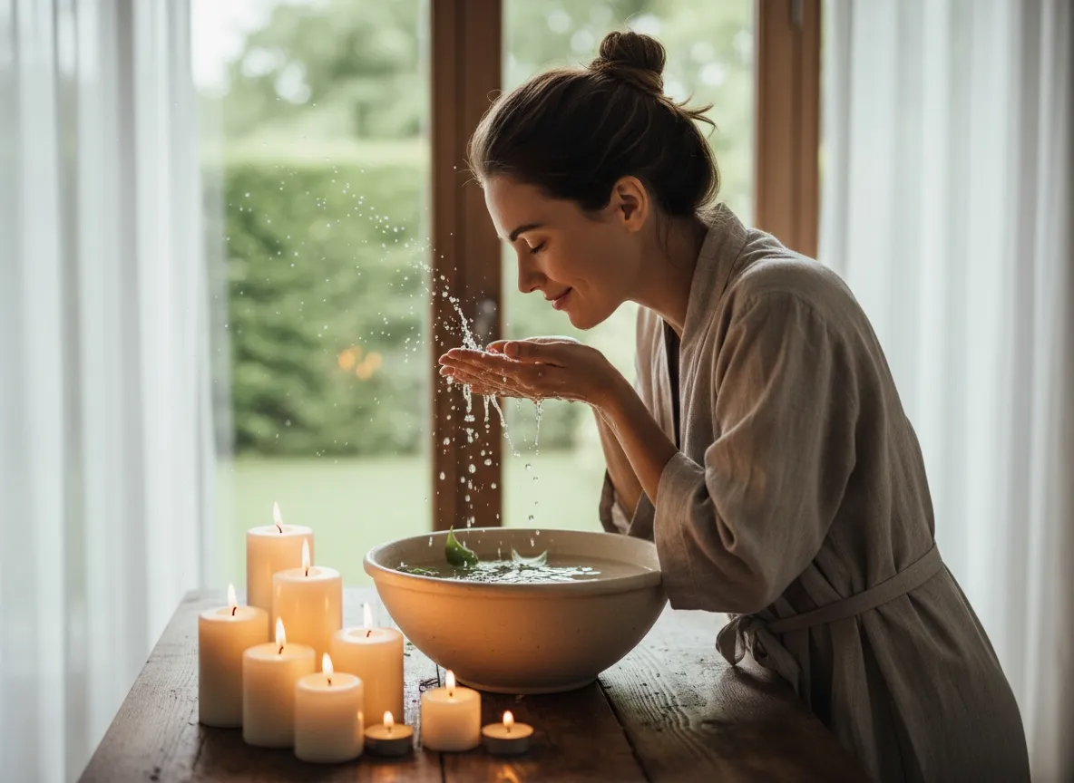 Femme de 38 ans en plein rituel bien-être s'aspergeant le visage d'eau froide, dans une pièce réconfortante et apaisante avec des bougies