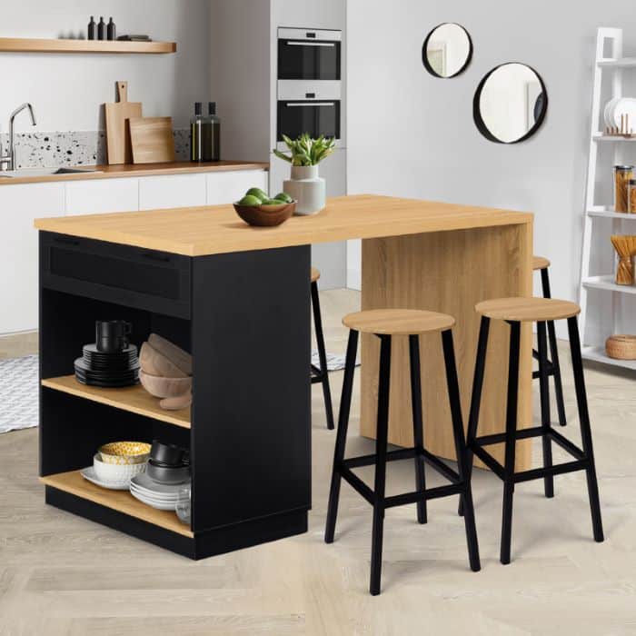 ilot central mange debout 4 personnes vito 130 cm noir et plateau bois