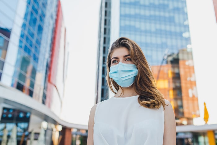 portrait d'une jeune femme avec un masque pour se protéger contre l'épidémie de coronavirus