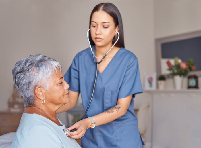 Patient âgé, infirmier et infirmière avec un stéthoscope écoutant les battements de coeur lors d'un consul de santé.
