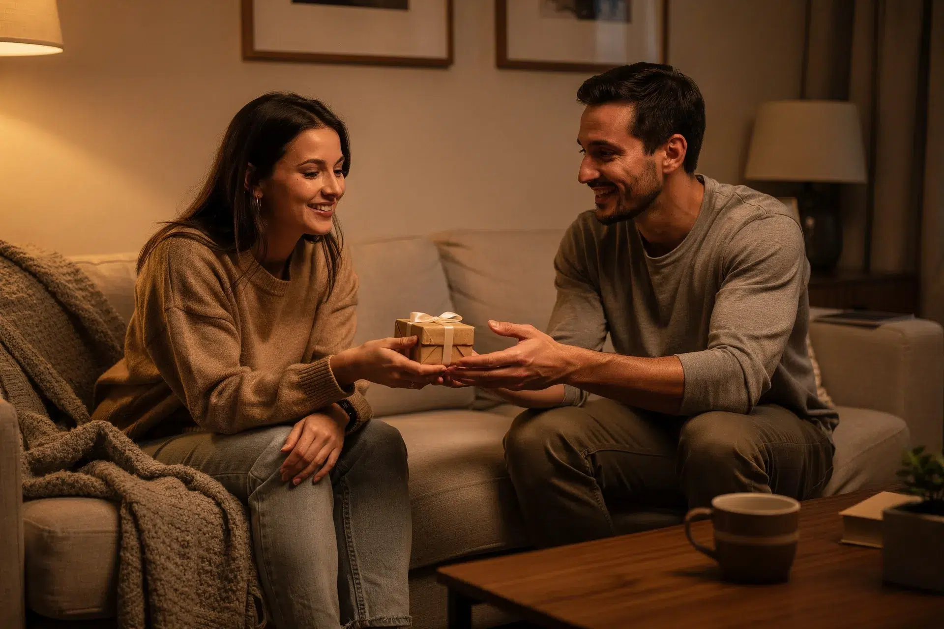 Une femme offre un petit cadeau pas cher à un homme dans un salon chaleureux, geste simple et attentionné.