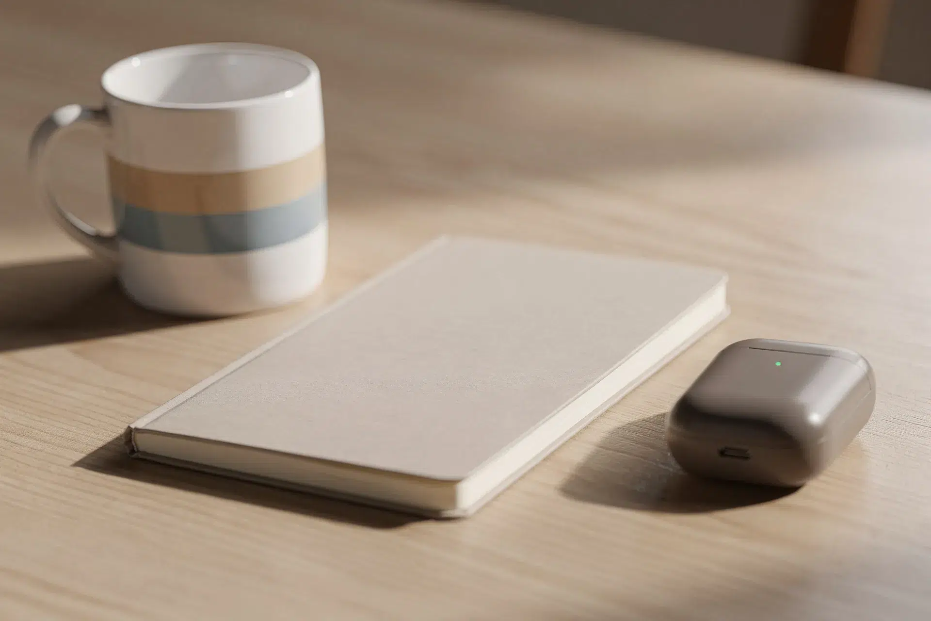 Petit ensemble de cadeaux pas chers pour homme sur table en bois clair, comprenant un mug, un carnet et un petit gadget utile.