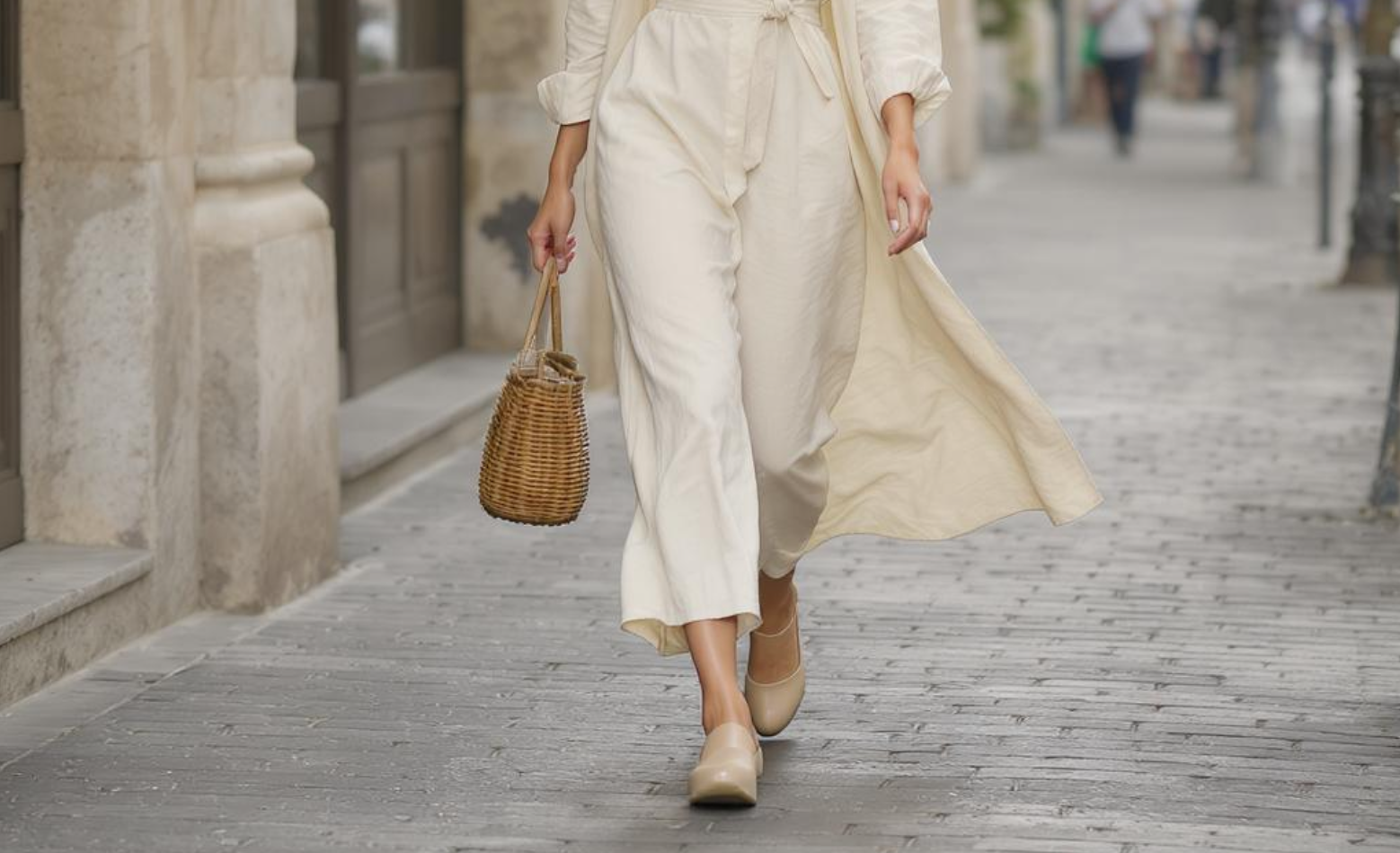 emme élégante portant des sabots modernes dans une rue parisienne, entre tradition et tendance