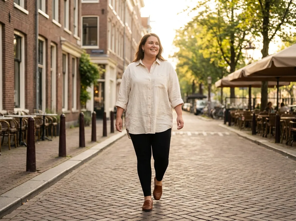 Femme ronde portant un legging grande taille noir avec une chemise longue pour un look casual chic