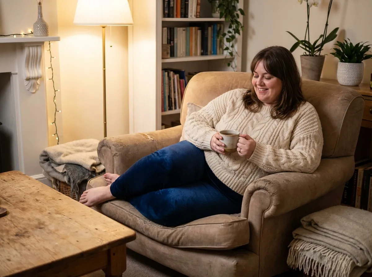 Femme en legging velours grande taille dans un intérieur cosy, ambiance cocooning hivernale