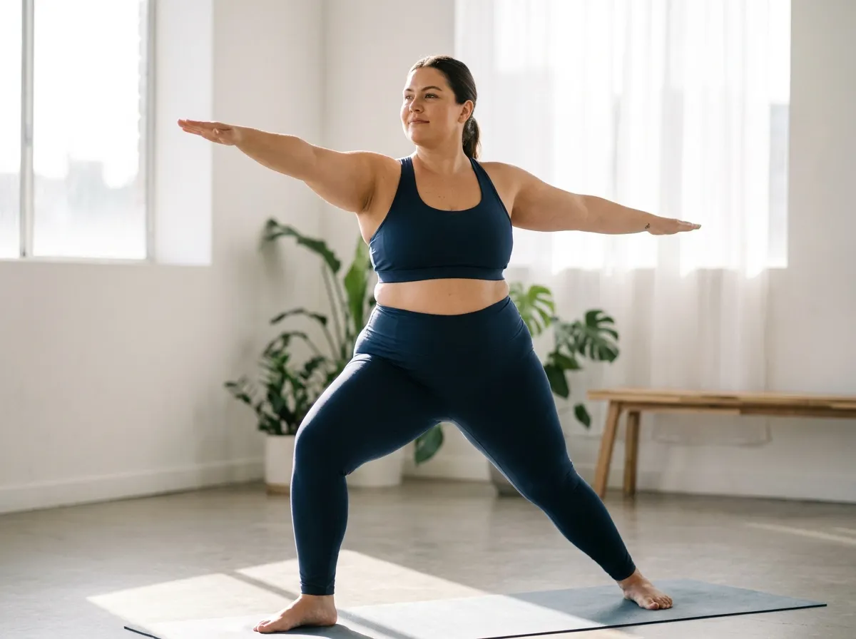 Femme ronde en legging sport grande taille faisant du yoga dans un studio lumineux