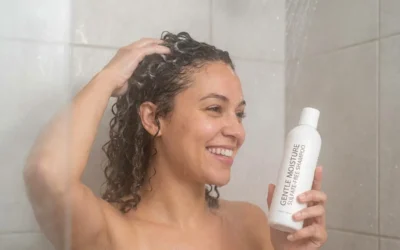 belle femme douche utilise Shampoing sans sulfate doux nettoyant cuir chevelu sans agresser ni dessécher la fibre capillaire