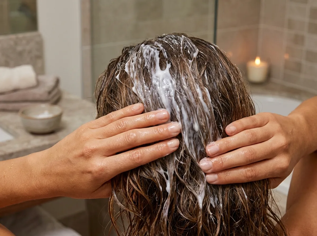 Application d’un masque capillaire hydratant sur cheveux mouillés pour réparer en profondeur et renforcer la fibre capillaire
