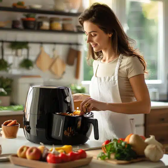 Belle femme brune qui prepare un bon repas recette a lairfryer