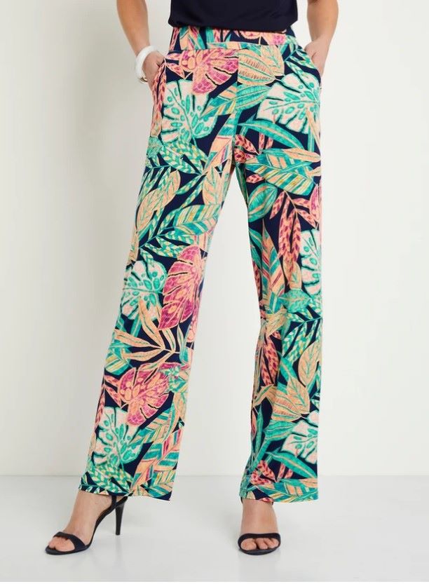 Pantalon large ceinture elastiquee feuillage