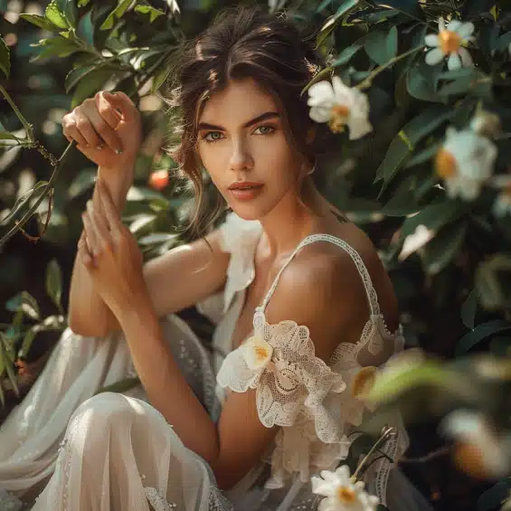 Belle en femme en pleine sante au milieu des fleurs en ete