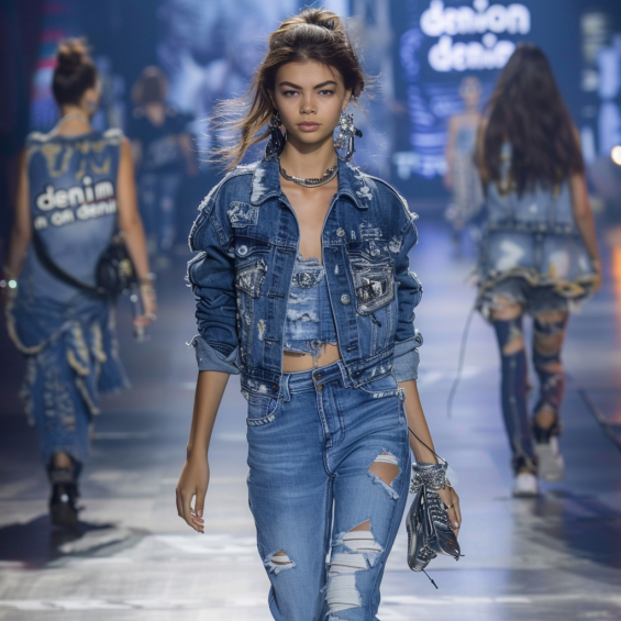 Belle et jeune mannequin en denim sur denim