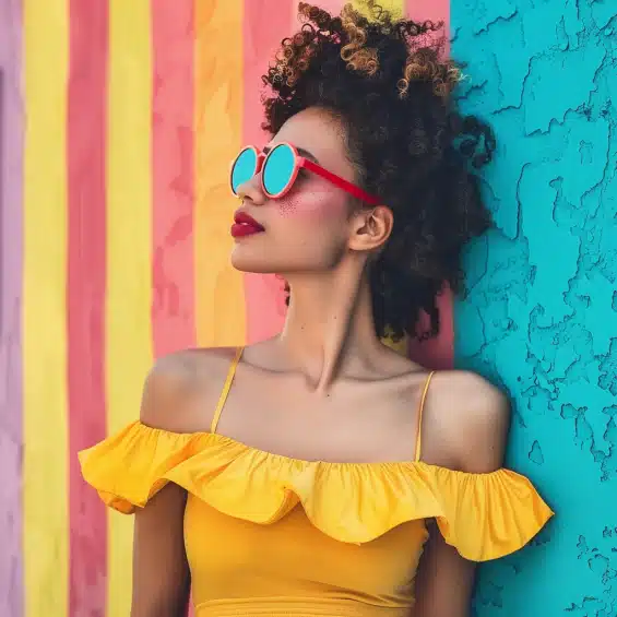 Belle femme afro noire habille en jaune avec lunettes de soleil ambiance ete