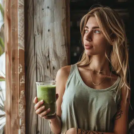 Belle femme blonde europeenne buvant un smoothie vert detox