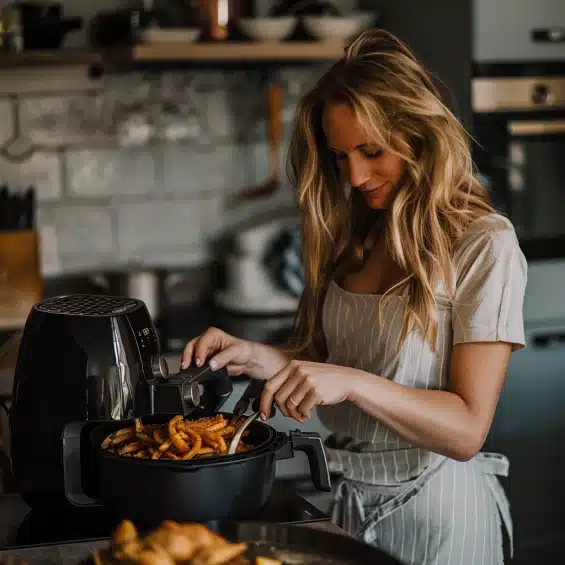 Belle femme blonde qui cuisine a lairfryer des bonnes frittes