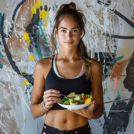 Belle femme brune mangeant une assiette equilibree chrononutrition