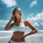 Femme blonde svelte et sportive a la plage summer body