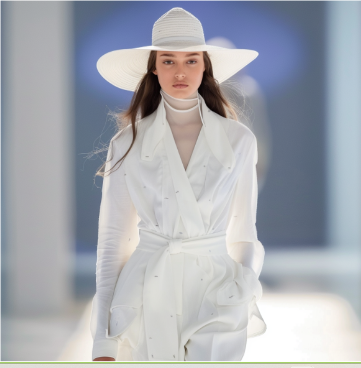Belle femme mannequin en look all white (tout blanc) et chapeau stylé
