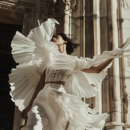 Une belle femme model fashion avec des vetements a volants en shooting