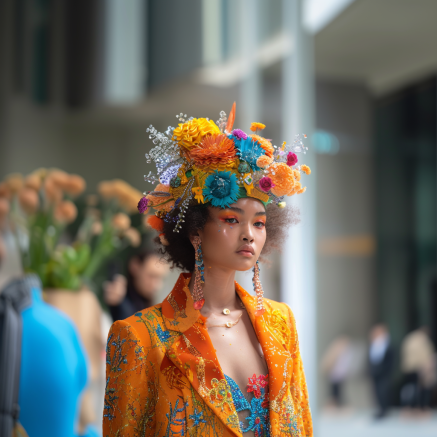 Une femme model fashion en show avec accessoires statement