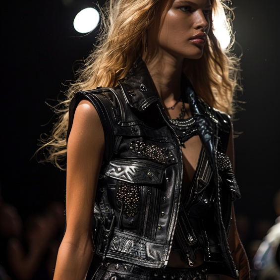 Une femme model fashion en show en cuir