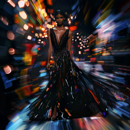 Une femme model fashion en show en look glamour