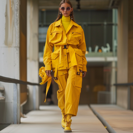 Une femme model fashion en show en look utilitaire