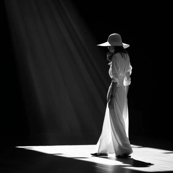 Une femme model fashion show en tenue monochrome