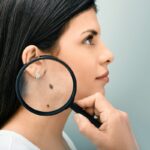 femme qui montre son grain de beauté à enlever à la loupe