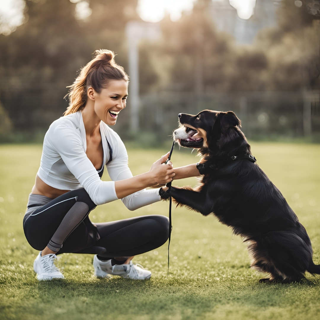 Une belle femme qui fait du sport avec son chien dans un parc