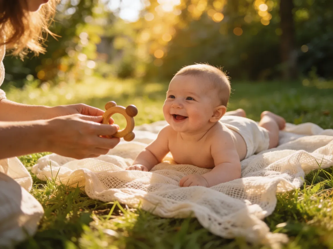 Bébé allongé sur tapis d'éveil dans un jardin ombragé en août, lumière dorée du matin