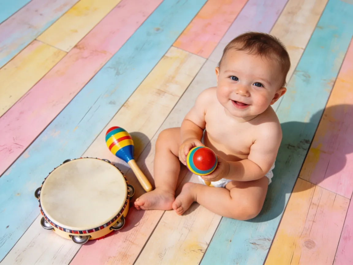 Bébé de 6 mois jouant avec des instruments de musique colorés lors d'un atelier d'éveil musical en été
