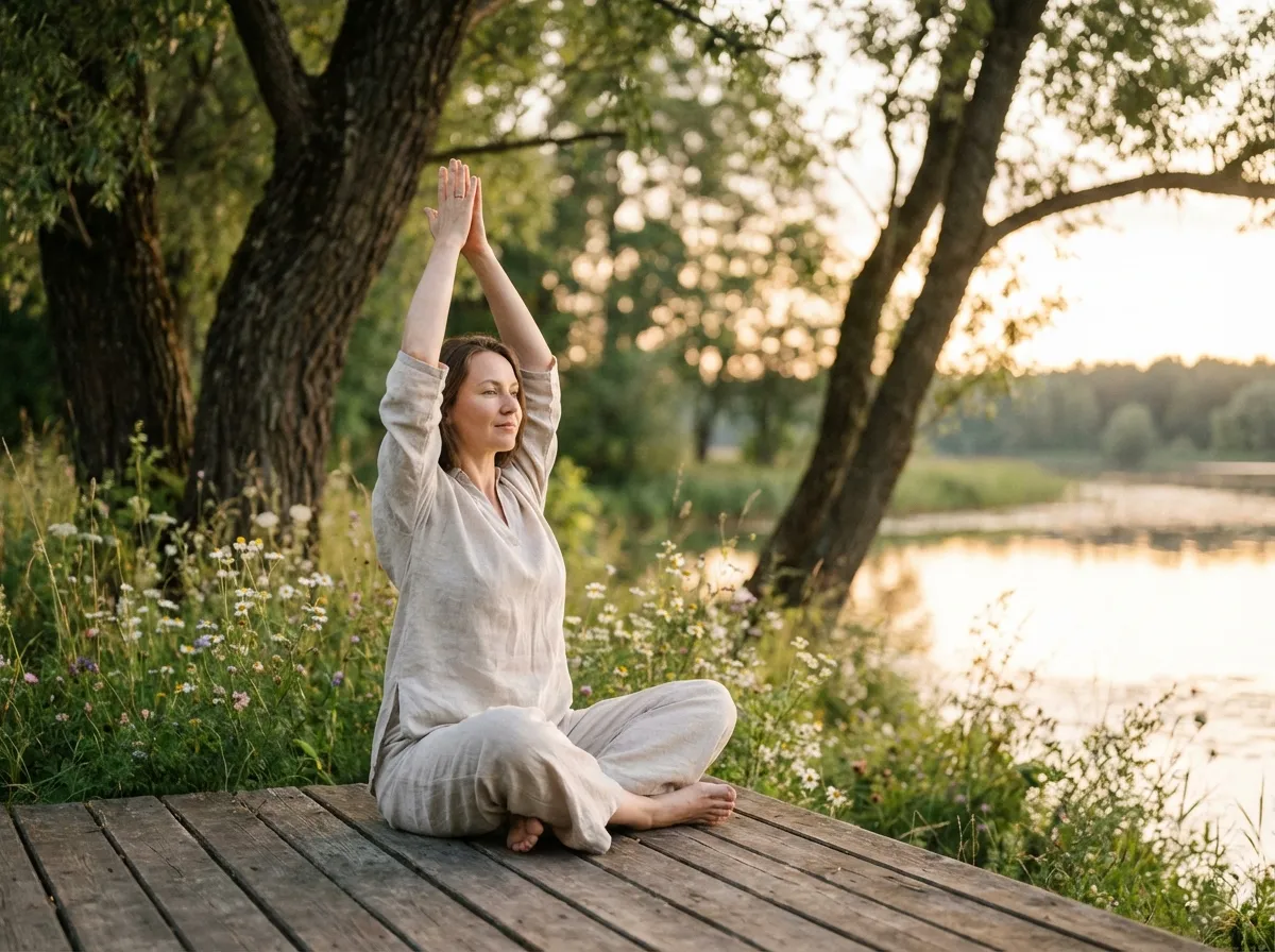 emme pratiquant le yoga en pleine nature, synchronisation cycle menstruel et bien-être