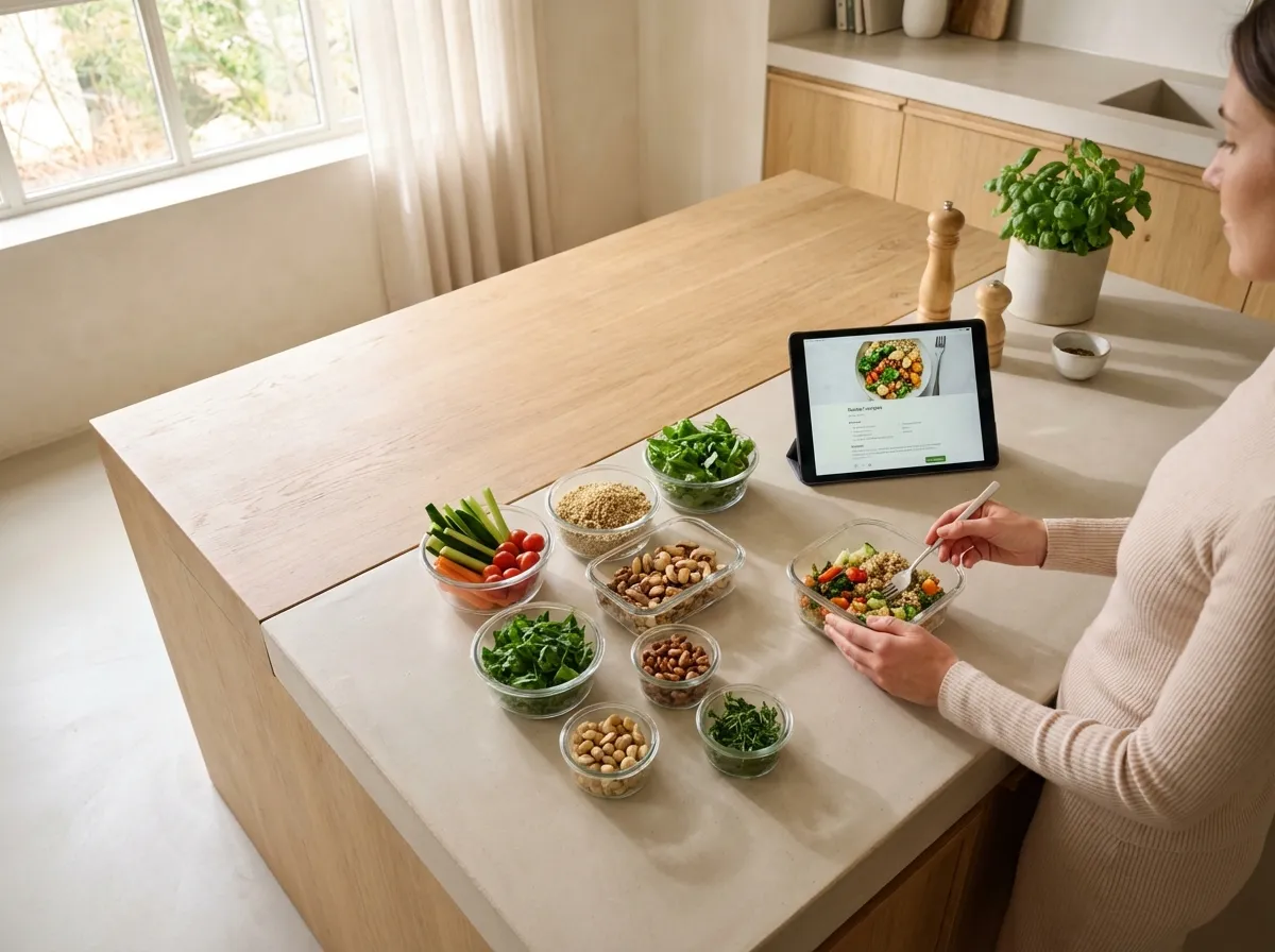 Femme préparant un repas personnalisé dans une cuisine lumineuse, tendance nutrition sur mesure 2026