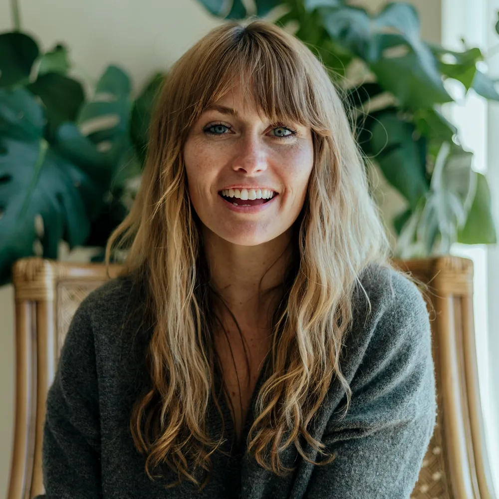 Femme blonde avec une frange simple maison effet naturel