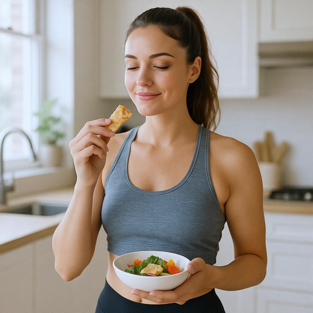 Femme savourant un repas sain en pleine conscience dans sa cuisine