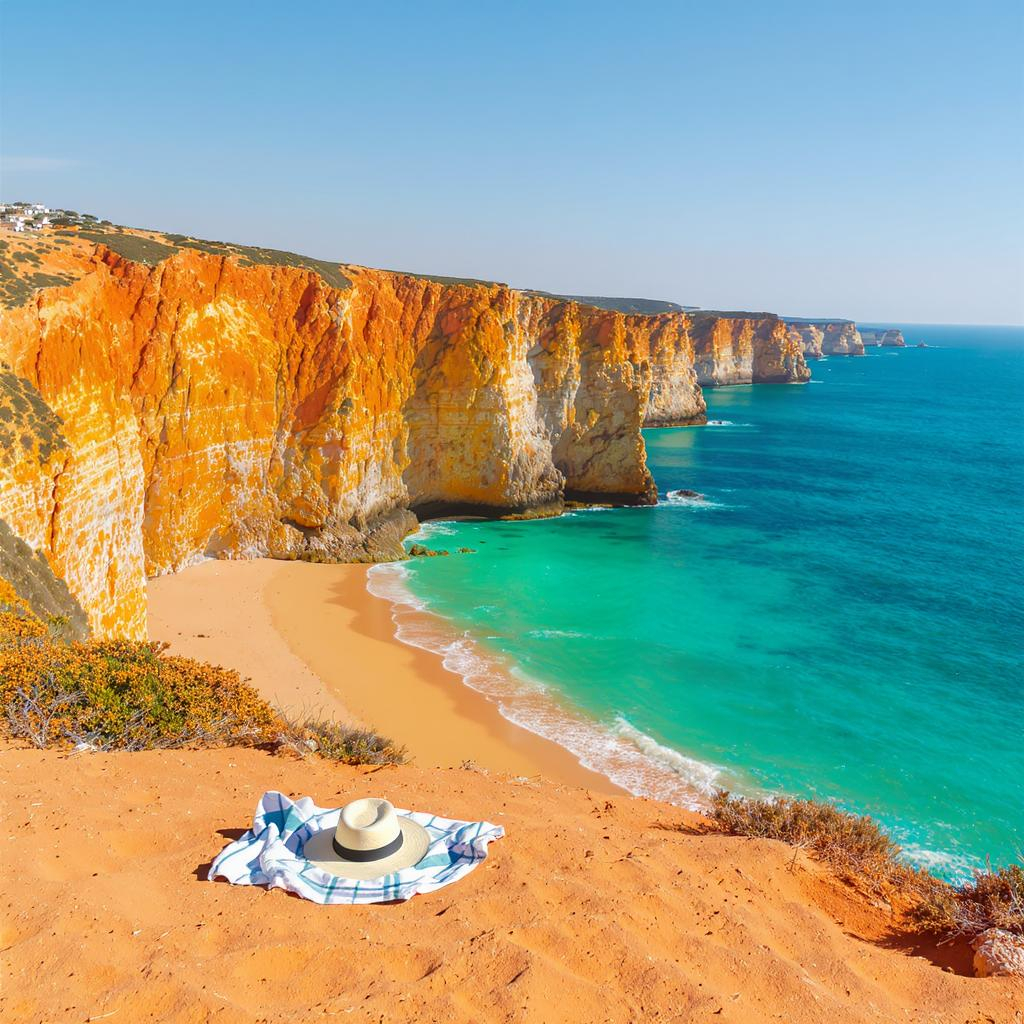 Falaises dorées de l’Algarve et plage vide sous le soleil de septembre