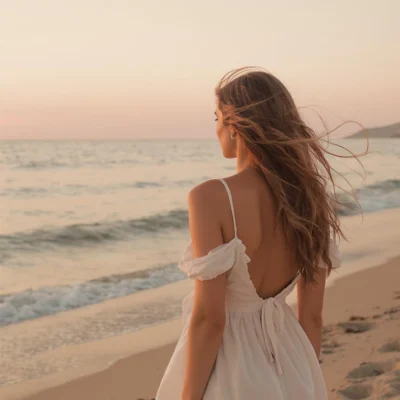 Femme seule sur une plage méditerranéenne en septembre au coucher de soleil