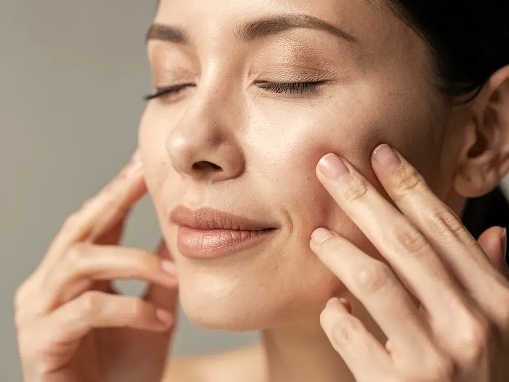 Auto-massage du visage ciblant les mâchoires et les tempes avec une pression douce pour relâcher les tensions