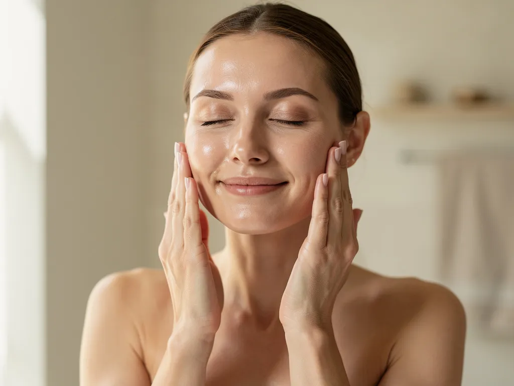 Femme effectuant un auto-massage du visage par lissage doux, geste lent du centre vers l’extérieur sur peau hydratée