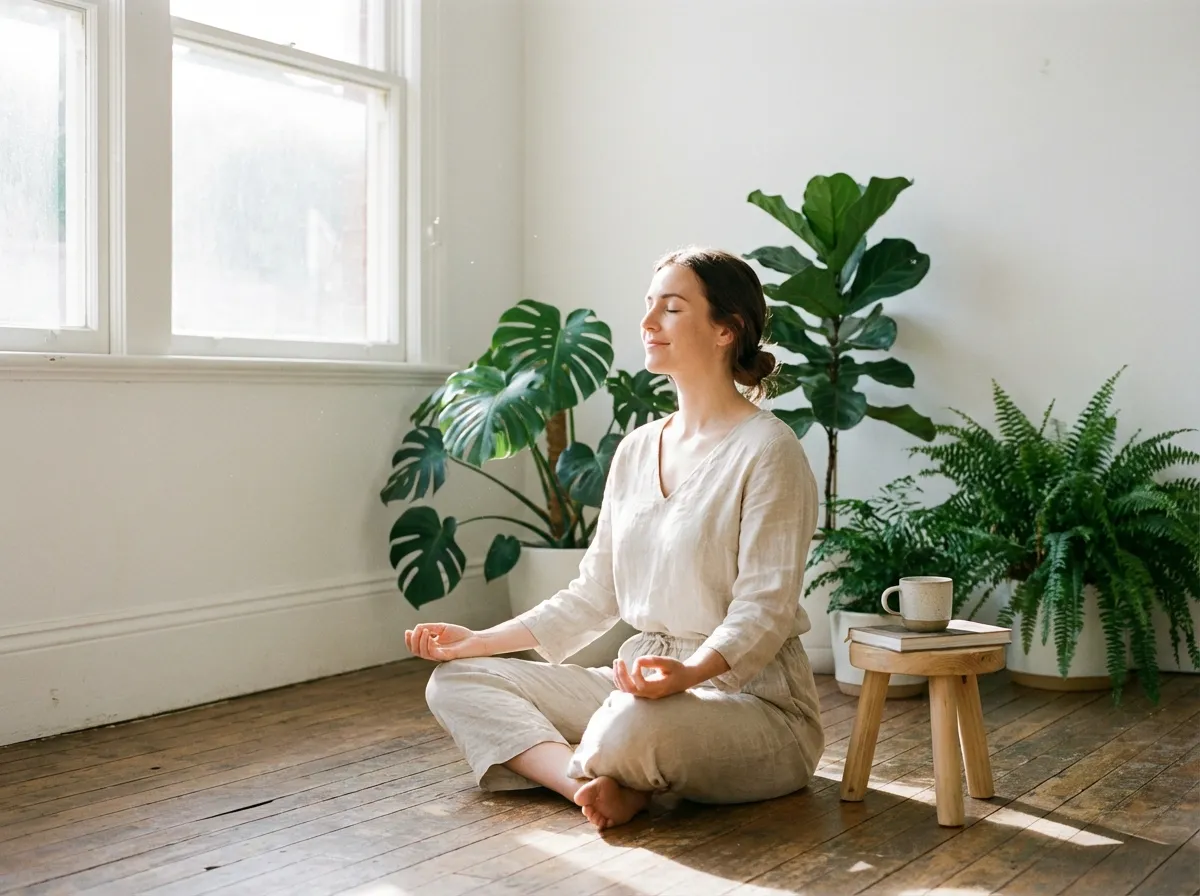 Femme pratiquant le yoga matinal dans un espace lumineux et apaisant pour le bien-être quotidien