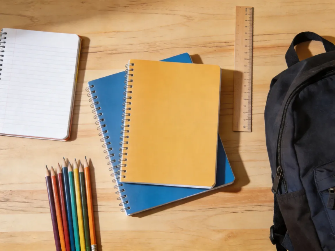 Fournitures scolaires organisées pour la rentrée — cahiers, crayons, trousse et sac à dos sur bureau en bois