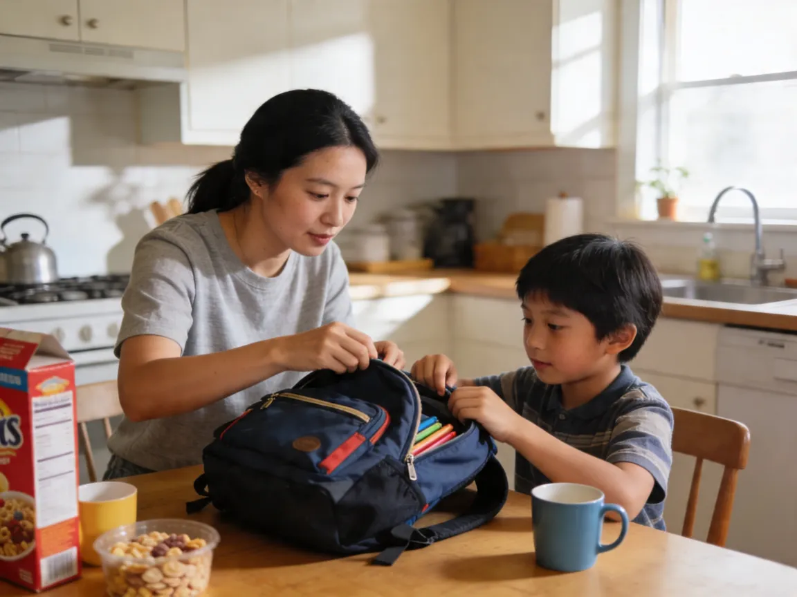 Mère et enfant préparant le sac d'école ensemble, routine rentrée scolaire