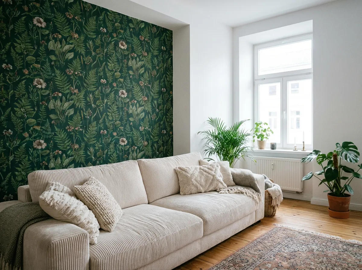 Canapé beige en velours côtelé devant un mur d'accent en papier peint botanique vert foncé avec motifs de fougères et fleurs.