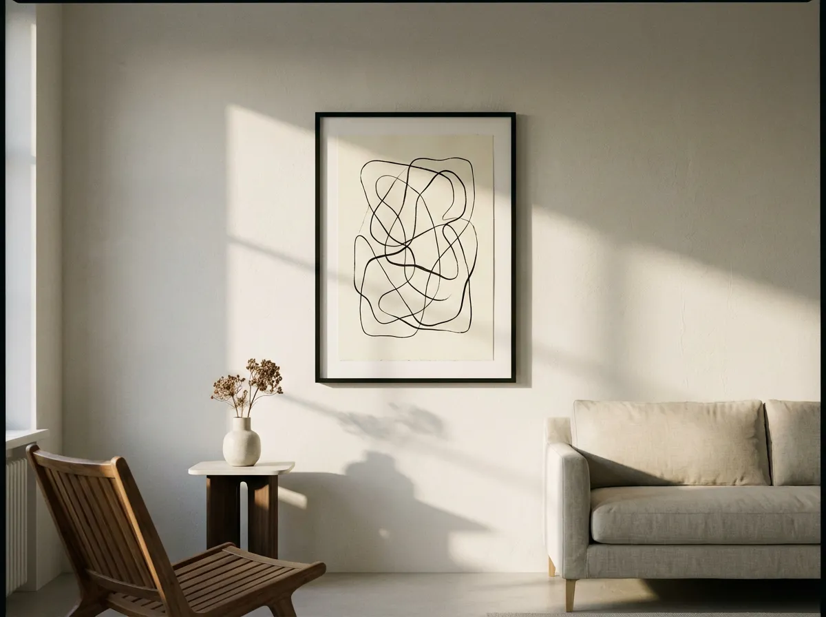 Affiche d'art abstrait en traits noirs sur fond beige encadrée au-dessus d'un canapé minimaliste gris clair dans un salon lumineux.