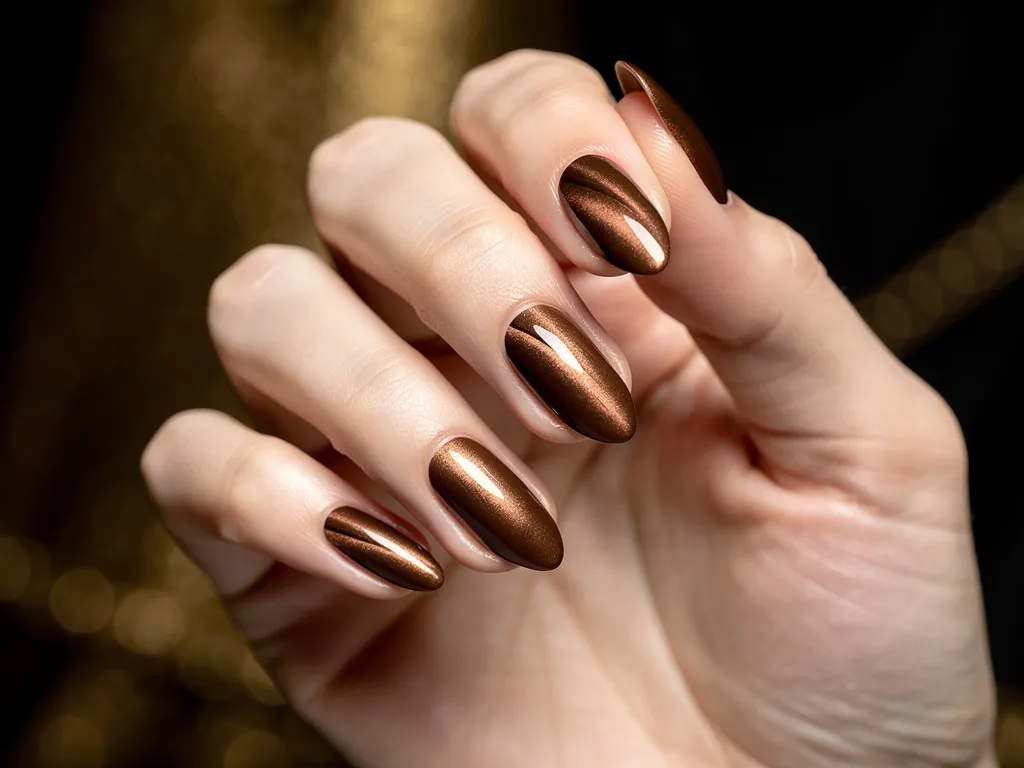 Vernis cat-eye magnétique effet velours bronze sur ongles amande courts, reflet lumineux très couture