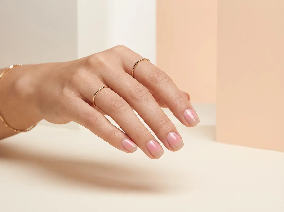 Manucure aura nails dégradé flou rose poudré et beige, finition glossy, style artistique et subtil